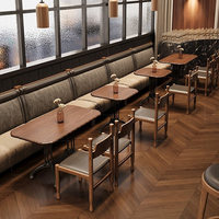 Ensemble de mobilier de café moderne en bois massif durable pour projets de restaurants : table rectangulaire et chaises avec coussins en PU, sièges banquette