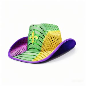 Sombrero de Disfraz de Vaquero de Mardi Gras con Lentejuelas Brillantes de Color Morado, Verde <span class=keywords><strong>y</strong></span> Dorado con Luces LED - Product Image 5