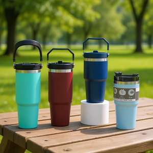 Mug de voyage écologique en acier inoxydable 304 OEM ODM 20oz/ avec isolation sous vide, bouchon à poussoir et poignée, style américain - Product Image 2