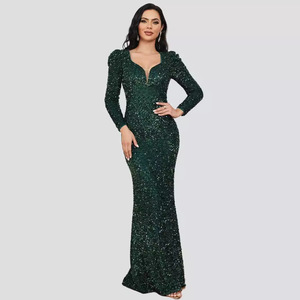 Robe de soirée fourreau à manches longues et col en V, à paillettes vert foncé, grande taille, robe de soirée formelle pour femmes - Product Image 1