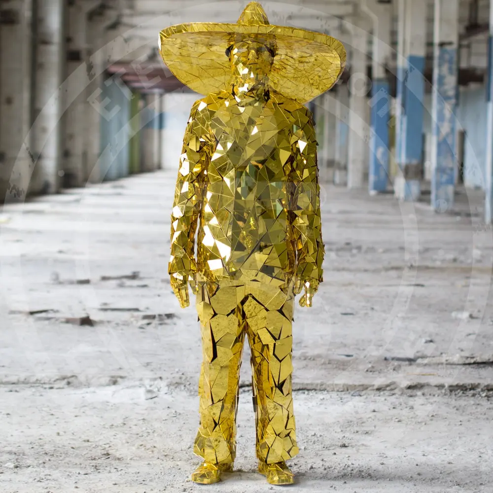 Fantasia masculina espelhada dourada, vidro dourado, desempenho de palco, tecnologia mostrar trajes de festa e espaço