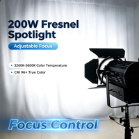 Projecteur LED Fresnel professionnel 150W, diamètre 180mm, alliage d'aluminium, CRI98, 5600K, contrôle DMX512/WiFi/APP, zoom manuel, lumière naturelle