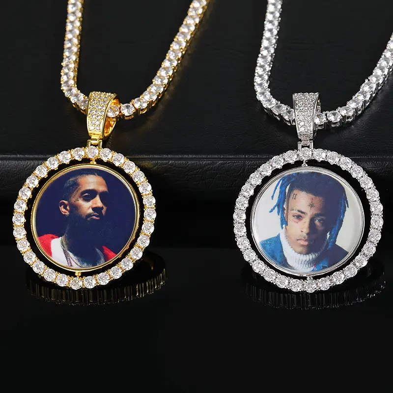 Hip Hop Rotatable Round Iced Out Personalized Custom Printed Picture Memory Locket Pendant Photo Necklace