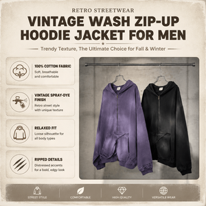 Men Oversized Zip Up Hoodie Vintage <b>Spray</b> Dyed Cotton <b>Fabric</b> Streetwear Jacket Raw Edge Faux Double Pocket Wholesale OEM - Product Image 6