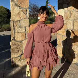 Robe courte en mousseline de soie à volants, col halter, épaules dénudées, T-1223, robes décontractées d'été pour femmes - Product Image 2