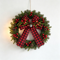 Décoration de Noël artificielle : Nœud en ruban à carreaux Buffalo avec pomme de pin, baies, verdure et clochette pour couronne, porte et décoration intérieure
