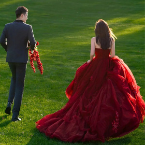 Dark Red Strapless Ball Gown Wedding Dress Empire Waistline Tulle Netting Fabric Simple Fashion Element - Product Image 4