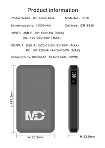 Power Bank portabel dengan Output DC 10,000mAh, baterai Lithium 18650 21700 dapat diisi ulang 7.4V 9V 12V 16.5V 19V 20V 24V