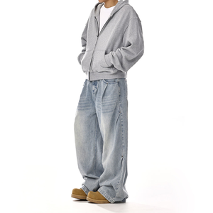 Wholesale 100% Cotton Mid Waist Loose Fit Casual Plus Size Solid Color With Pockets <b>Button</b> <b>Fly</b> Men's Wide Leg Stonewashed <b>Jeans</b> - Product Image 1