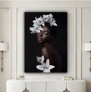 Custom African Woman in Turban Canvas Wall Art Black Woman with white flower Canvas Print framed Portrait, Poster Wall Decor