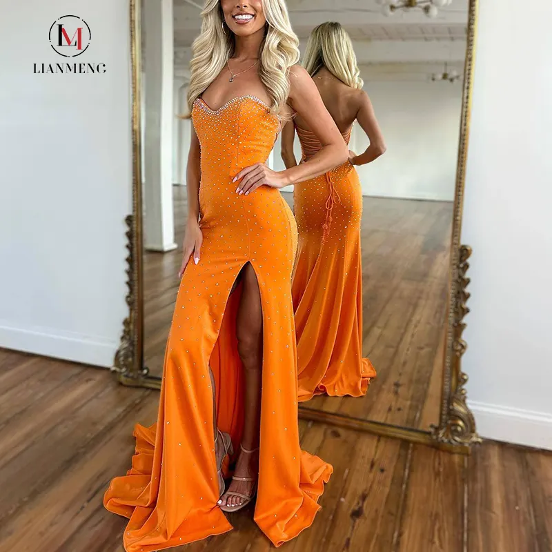 LIANEMENG B694 Custom Casual Graduation Evening Orange Straps Long Dress Summer Maxi Wedding Party Dress