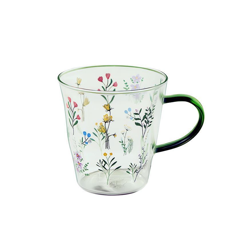 Home Office Glass Coffee Cup with Handle Microwave Safe Large Capacity Flower Pattern Milk Mug Dishwasher Safe view 2