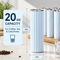 Gobelet isotherme personnalisé 20oz droit à sublimation, en acier inoxydable à double paroi, rayures bleues, avec couvercle et paille, idéal pour les fêtes