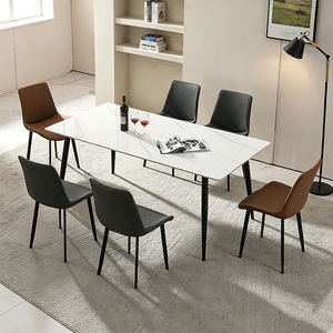 Table de salle à manger en quartzite 1,8 m 6 places, style minimaliste noir, or et marron, résistante aux taches, facile à nettoyer, ensemble table et chaises pour restaurant - Product Image 1