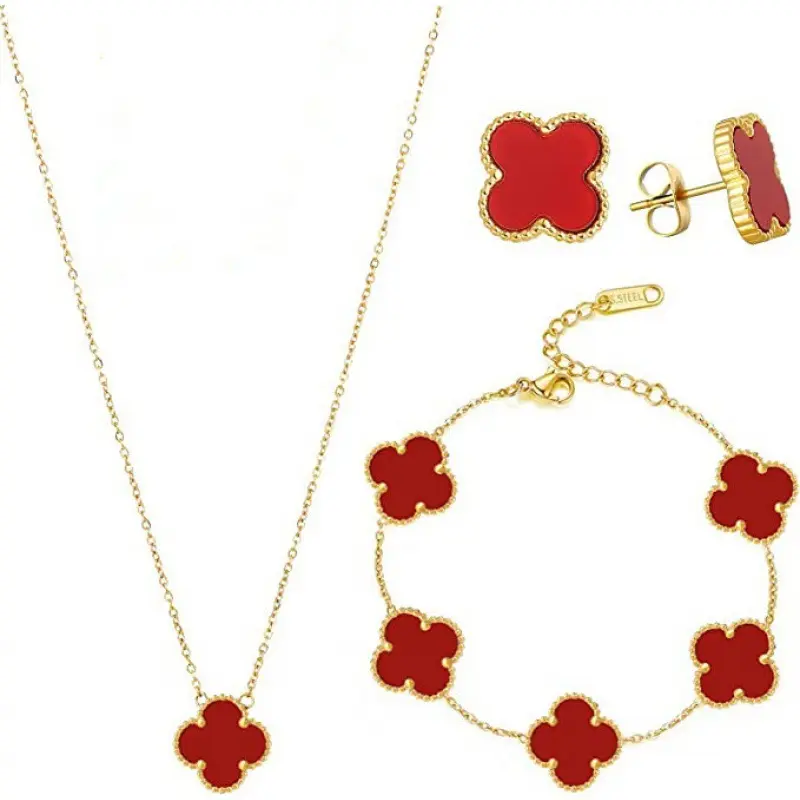 Conjunto de joias de trevo de quatro folhas 13mm, conjunto de joias fashion com placas de ouro e aço inoxidável, colar de brincos e trevo, ideal para mulheres, venda imperdível