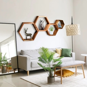 Ensemble de 4 étagères hexagonales flottantes murales, <span class=keywords><strong>cadre</strong></span>, décoration, étagère hexagonale en bois, étagères flottantes - Product Image 2