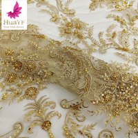 HY1952 Dentelle Classique Broderie Or 3D Perlée avec Perles Tissu Africain de Mariage Français en Promotion
