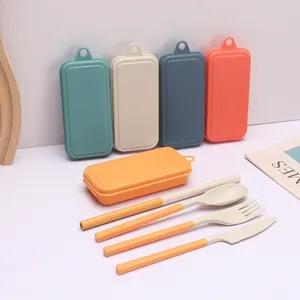 High Quality Folding Wheat Cutlery Wheat Straw Spoon Fork Knife Chopsticks Straw Cutlery Wheat Straw Tableware Set