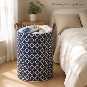 Panier à linge KUYUE avec cordon de serrage, poignées en cuir PU, motif treillis, pour le linge et les jouets - Product Image 4
