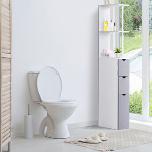 Meuble <span class=keywords><strong>de</strong></span> rangement autoportant blanc étroit mince pour toilettes, meuble d'angle avec portes et étagères - Product Image 5