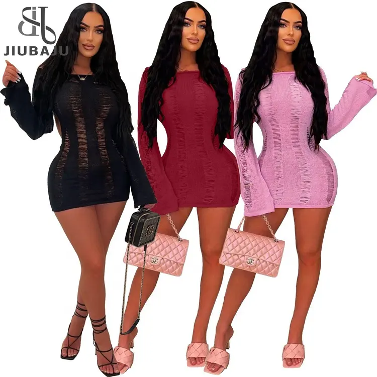 Knitted Hollow Out Mini Dress Sexy Sheath Long Sleeve Backless Lace Up See Through Bodycon Skirt