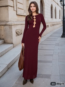 Vestidos <span class=keywords><strong>Maxi</strong></span> de Punto Ajustados Color Borgoña Personalizados, Estilo Casual con Abertura, Frente Natural, Sólido, para Primavera, Verano, Otoño e Invierno - Product Image 5