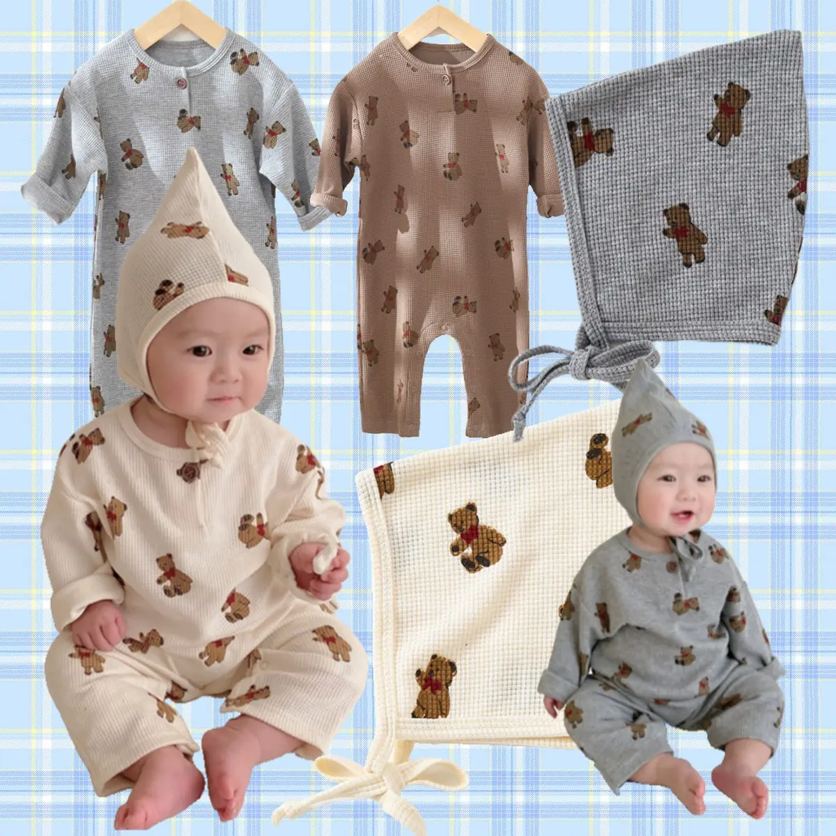 義烏Yiyuan衣服ワッフルベアジャンプスーツ女の赤ちゃん長袖かわいい赤ちゃんロンパースプルオーバー卸売オーガニックコットン赤ちゃんボディスーツ