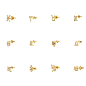 Alta Qualidade Mini Dainty Delicate 18K Banhado A Ouro 925 Sterling Silver Horóscopo Zodiac Sign Stud Brincos