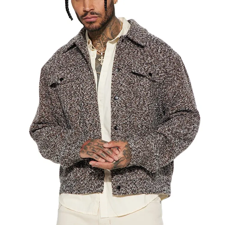 Chocolate Custom Men Boucle Plus Size shacket crop wool Tweed Trucker Jacket Man