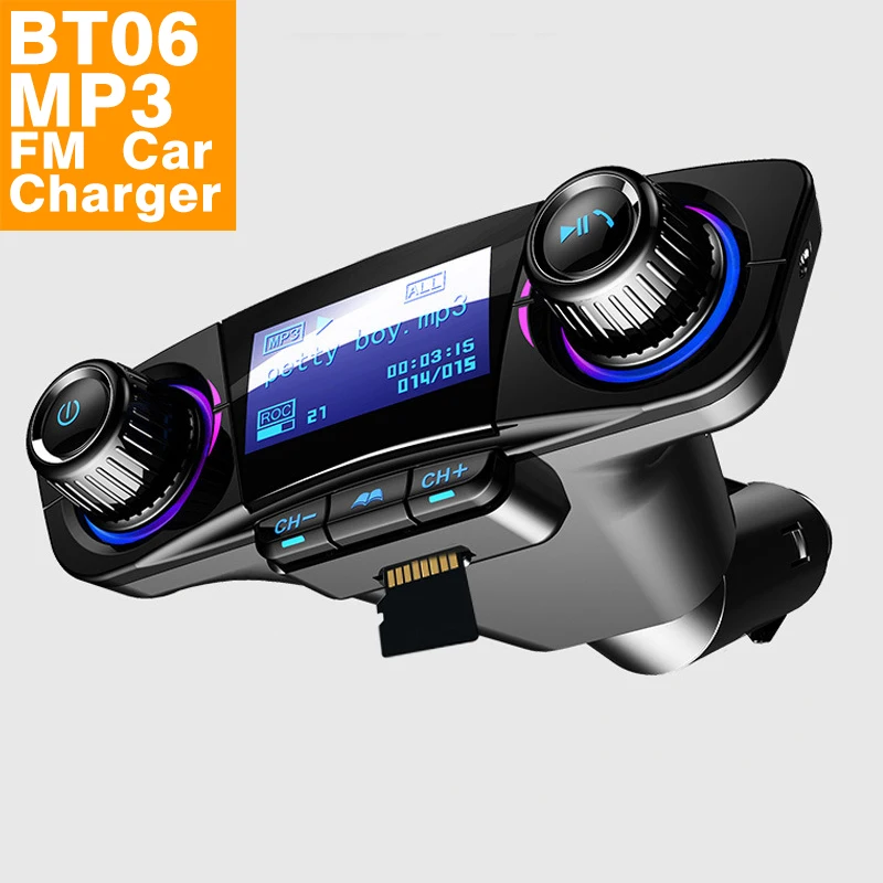 BT06 digital layar FM pemancar mobil, pemutar MP3, Hands-Free, perlengkapan mobil nirkabel, Radio Audio, pemutar MP3, AUX dengan 2 Duel, Port USB