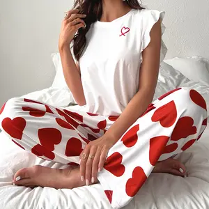 Großhandel Damen Loungewear Rüschenärmel weißes T-Shirt Oberteile Herz bedruckte lange Hosen 2-teiliger Pyjama Milch Seide Sommer-Nachthemd