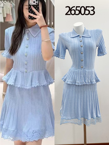 <span class=keywords><strong>Vestido</strong></span> de punto Bettergirl 2026, novedades, color <span class=keywords><strong>azul</strong></span> niebla francés, con volantes en el cuello y encaje con parches. - Product Image 2