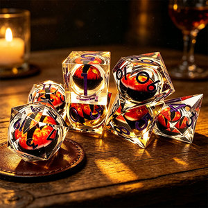 <b>7</b>-Piece Sharp Edge Resin Liquid Core Floating <b>Fire</b> Dragon Eye DND Polyhedral Dice Set With Purple Numbers For Tabletop RPG - Product Image 3