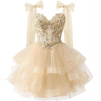 Robes de bal de promo courtes en tulle à volants avec appliques de dentelle scintillantes et bretelles à nœuds pour adolescentes, robe de Quinceañera