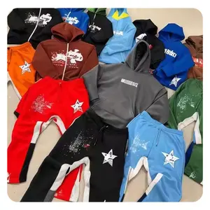 Hualingniao produsen pakaian kustom Puff cetak Sweatsuit Set Hoodie katun celana olahraga dan Set Hoodie Unisex dipotong