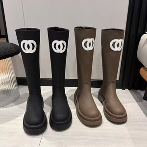 Zapatos de lujo para mujer, de cuero, estilo casual, color sólido, botas largas para mujer, tacón grueso, cremallera trasera, botas de moda hasta la rodilla para mujer - Product Image 1