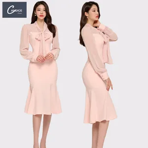 Candice wholesale high quality korean style bow neck pink long maxi dresses women lady elegant