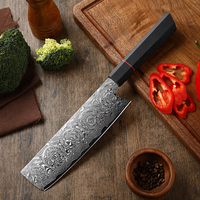 Couteau de Chef Nakiri à Motif Damas, Manche en Bois Foncé, Lame en Acier Inoxydable, Anneau Rouge, Conception Ambidextre, Compatible Lave-Vaisselle pour la Maison