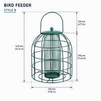 Mangeoire à oiseaux double cage verte avec cage à graines centrale en maille, grande poignée de suspension, couvercle en dôme et présentoir de jardin superposé