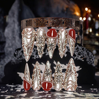 Faux Ongles à Coller pour Femme, Argent Chromé Rouge, Stiletto 3D, Motif Fleur de Lys, Perles et Armure pour Style Gothique Baroque