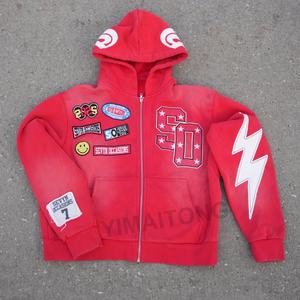 Ropa de calle personalizada 400 Gsm French Terry cremallera Sudadera con capucha de algodón pesado Vintage bordado desgastado lavado ácido Zip up Hoodie - Product Image 3