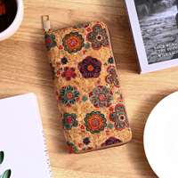 Dompet Koin Tipis Ramah Lingkungan dari PU Cork dengan Cetakan Bunga Kayu Vintage, Tas Uang Cork Portabel, Dompet Wanita dengan Resleting Panjang, Dompet Fashion