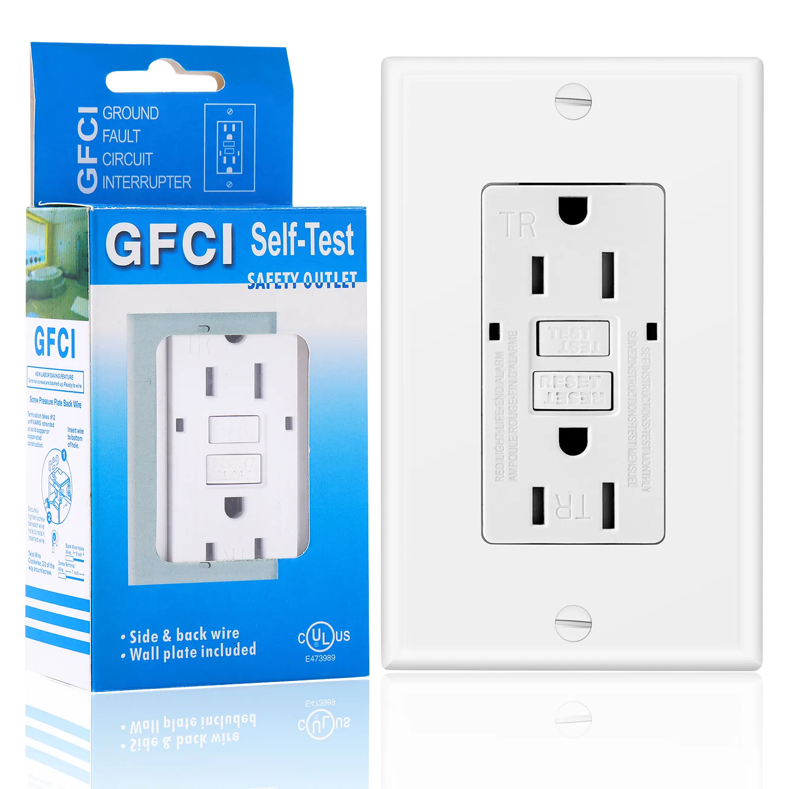 White USA Duplex Self-Test 125V 15Amp Tamper Resistant TR GFI Socket Wall Outlet GFCI Receptacle with Wallplate