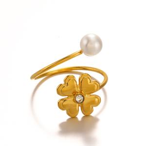 Mode Europe et américain diamant amour fleur perle ouverte bague réglable femme minorité 18K plaqué or bague en gros - Product Image 6