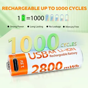 Batteries au lithium-ion rechargeables Type-C 2800mwh 1.5V AA USB cylindriques pour outils électriques et appareils ménagers