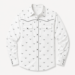 Camisa Western para Hombre, Estilo Vaquero, Manga Larga, Estampado de Toro, Algodón Blanco, Cuello con Botones, Estilo Casual de Primavera - Product Image 3