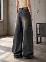 Jeans Cargo da Donna in Denim Pesante Tinto Effetto Fango, Estetici Grigio Antracite a Gamba Larga con Multi-Tasche