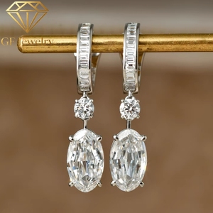 Lab grown <b>diamond</b> <b>earrings</b> 14K white gold <b>dangle</b> <b>earrings</b> Old mine oval cut <b>diamond</b> drop <b>earrings</b> Paved huggie hoop <b>earrings</b> - Product Image 1