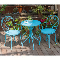 Ensemble bistrot Jaguar vert clair en fer forgé, fauteuils pliables et empilables, imperméables, écologiques, perforés, pour hôtel
