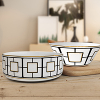 Service de Table en Porcelaine Fine Luxe Noir et Blanc à Motif Géométrique Quadrillé et Lignes pour Restaurant, Mariage, Maison